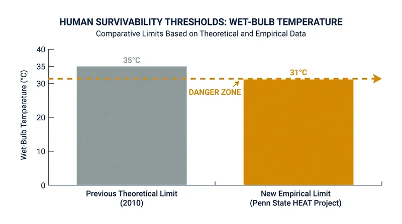 Empirical testing has lowered the recognized wet-bulb survivability threshold by 4°C.