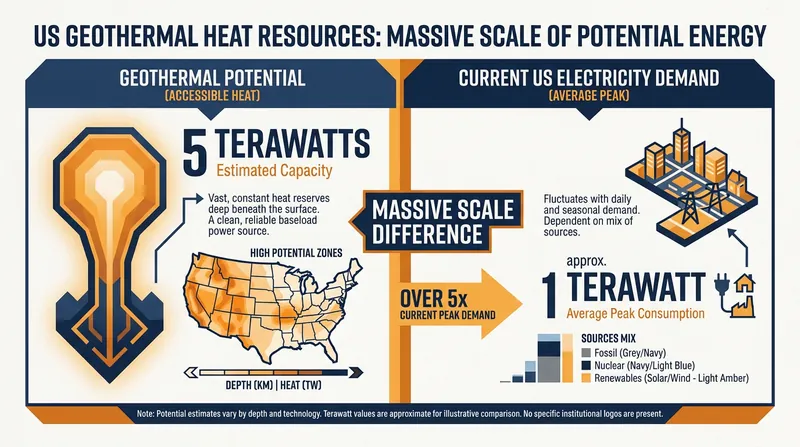 The U.S. Department of Energy estimates over 5 terawatts of heat resources exist beneath the United States.