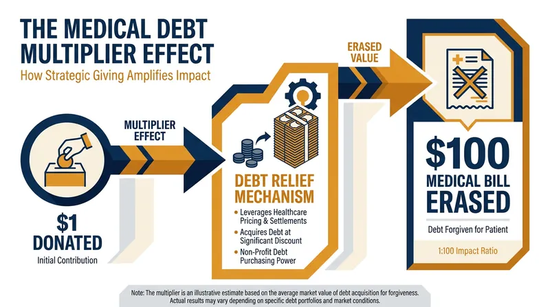 Because debt is purchased on the secondary market, small donations yield massive relief.