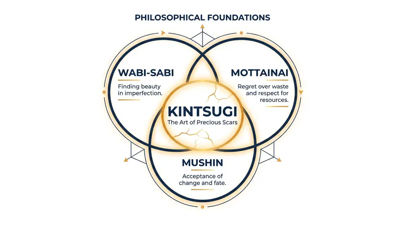 The physical craft of kintsugi is underpinned by three distinct pillars of Japanese philosophy.