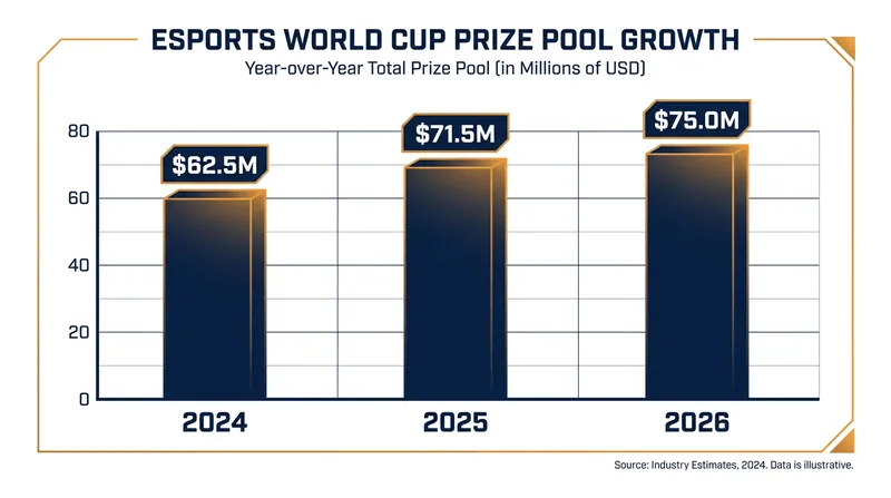 The steady growth of the Esports World Cup prize pool since its inception.