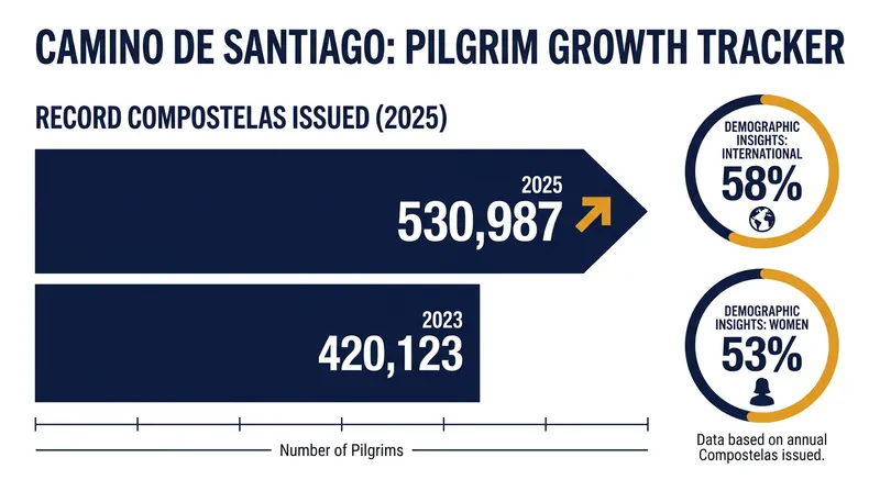 The Camino de Santiago saw a 6% increase in official completions in 2025, driven by international walkers.