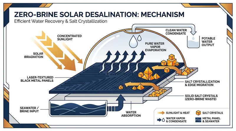 Emerging technologies use laser-textured panels to evaporate water and harvest solid salts, eliminating toxic brine.