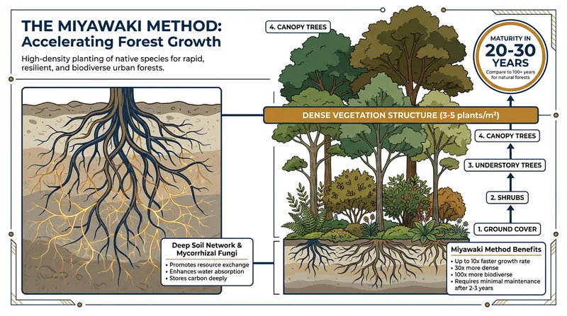 The Miyawaki method relies on dense, multi-layered planting to accelerate natural forest succession.