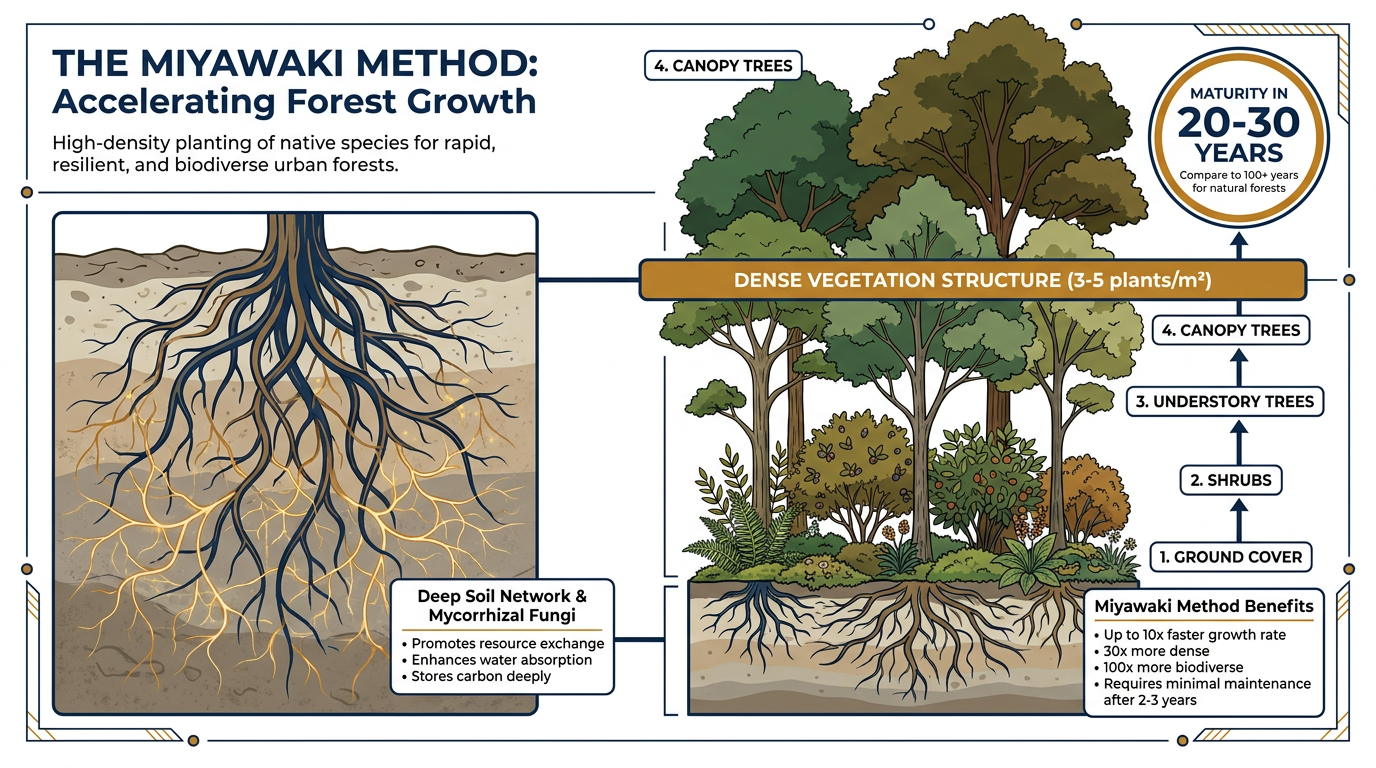 The Miyawaki method relies on dense, multi-layered planting to accelerate natural forest succession.