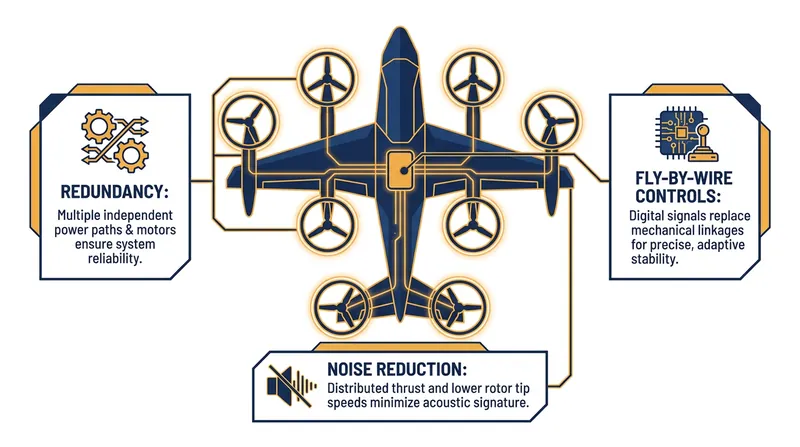 Distributed Electric Propulsion allows eVTOLs to operate quietly and safely, even if individual motors fail.