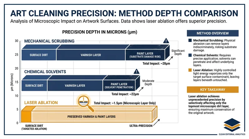 Unlike mechanical scrubbing or chemical solvents, laser ablation is self-limiting and stops exactly at the original surface.