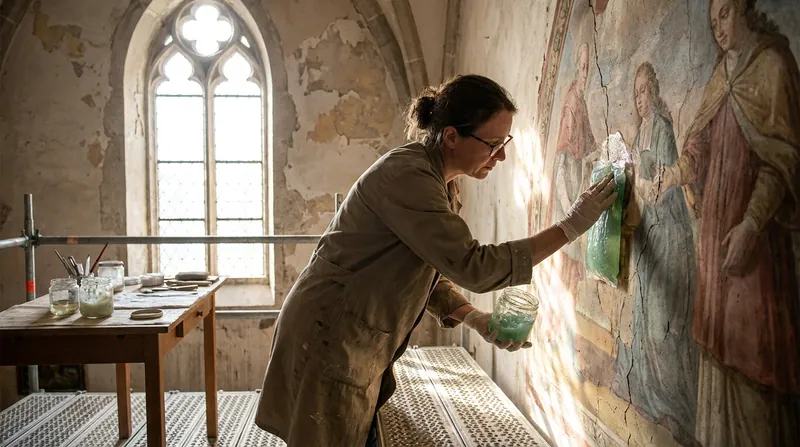 Microbiologists apply an algae-based gel containing starved bacteria to safely consume hardened glues from fragile frescoes.