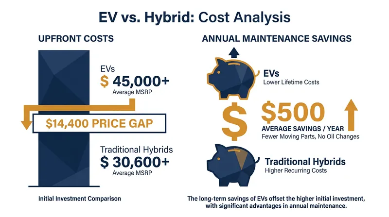 While EVs offer lower maintenance costs, traditional hybrids maintain a significant upfront price advantage.
