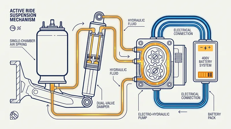 Porsche's Active Ride system utilizes 400-volt hydraulic pumps to actively push and pull the damper shaft.