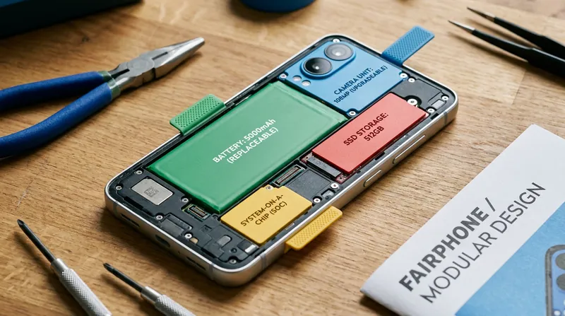Modern repairable phones split internals into easily replaceable module groups accessed with a single standard screwdriver.