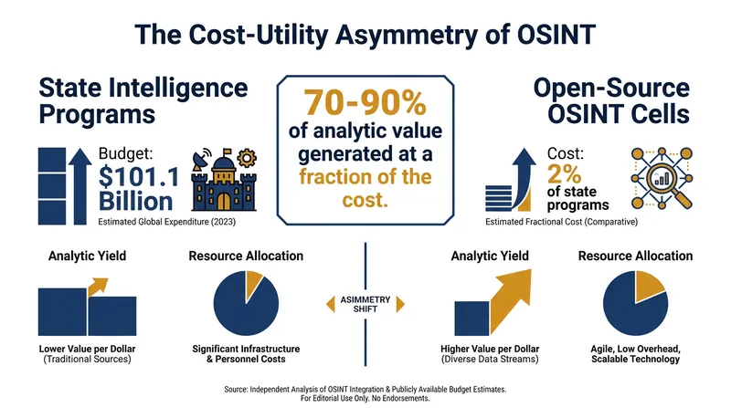 Independent OSINT cells can generate the vast majority of traditional intelligence value at a fraction of the cost.