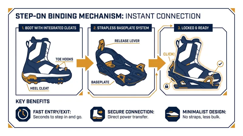 The three-point connection system eliminates straps while maintaining edge-to-edge responsiveness.