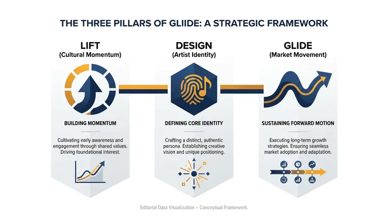 The platform operates on a three-pillar framework designed to build cohesive worlds around new artists.