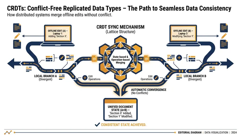 CRDT algorithms allow multiple users to edit data offline and merge their changes automatically upon reconnection.