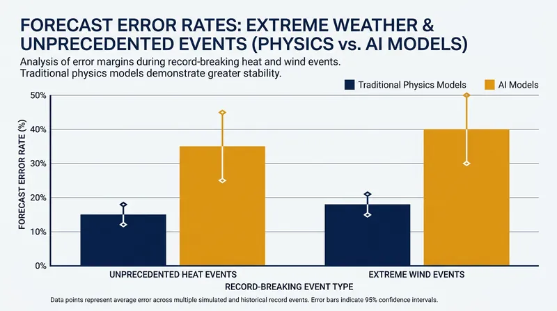 Traditional physics models still outperform AI when predicting record-breaking extremes that fall outside historical training data.