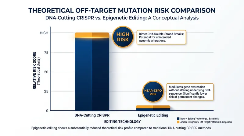 Epigenetic editing drastically lowers the risk of off-target genetic mutations by leaving the DNA backbone intact.