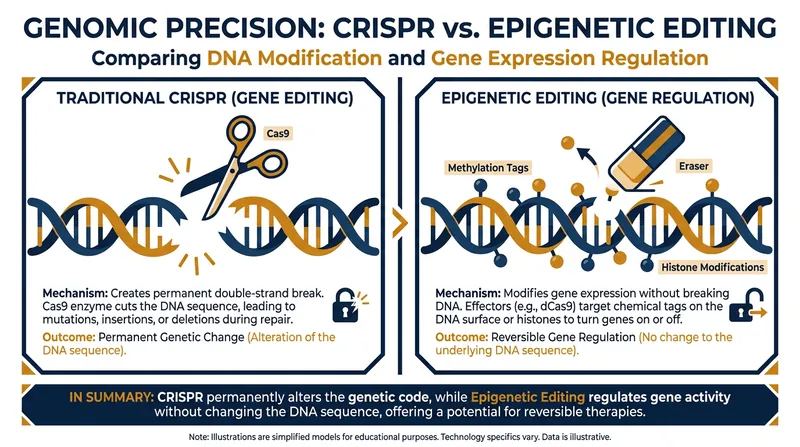 Unlike first-generation CRISPR, epigenetic editing avoids double-strand DNA breaks, significantly reducing the risk of unintended mutations.