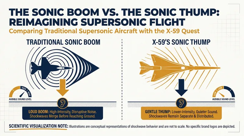 The X-59's elongated shape prevents shockwaves from merging into a single loud boom.