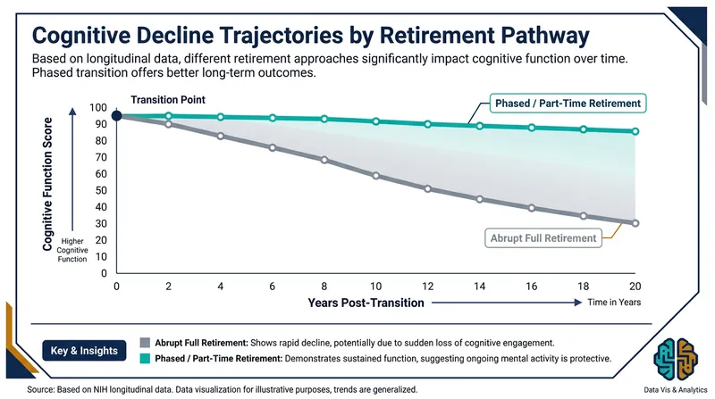 Longitudinal studies indicate that maintaining part-time work significantly slows the rate of cognitive decline compared to abrupt retirement.