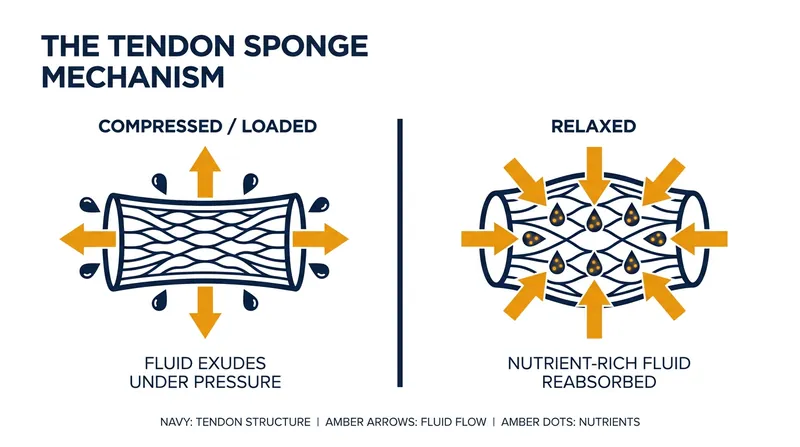 Tendons lack robust blood flow, relying instead on a sponge-like fluid exchange driven by mechanical movement to absorb nutrients.
