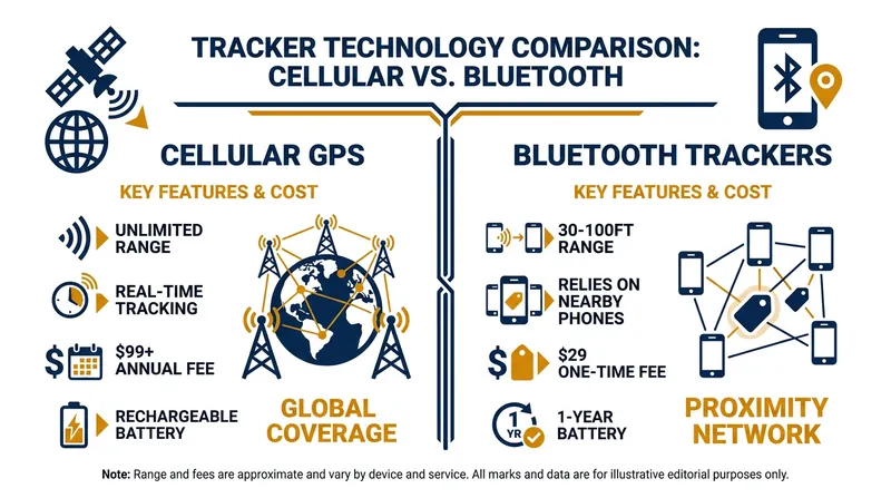 Cellular and Bluetooth trackers solve the same problem using entirely different infrastructure.
