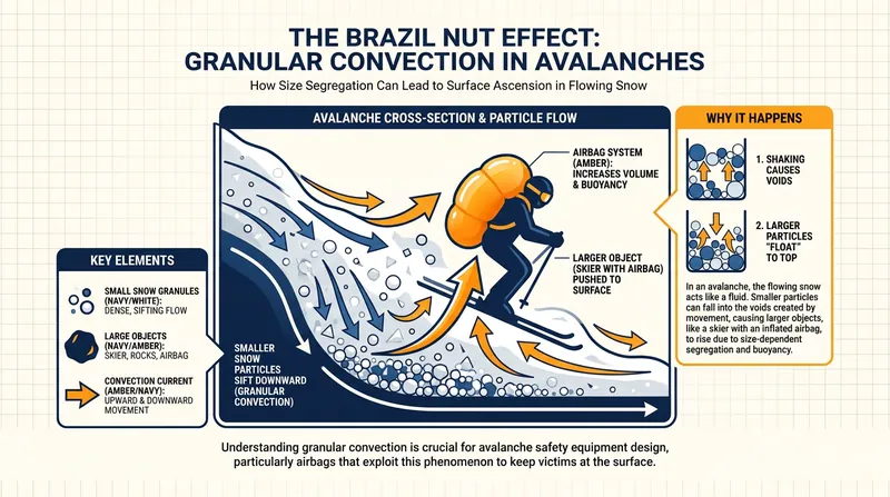 Avalanche airbags rely on granular convection, increasing a skier's volume to keep them on the surface of moving snow.