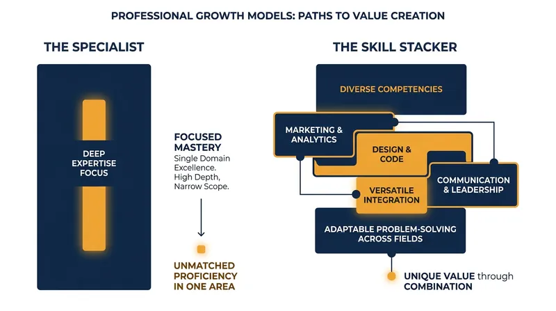 Skill stacking relies on combining multiple above-average competencies rather than mastering a single narrow vertical.