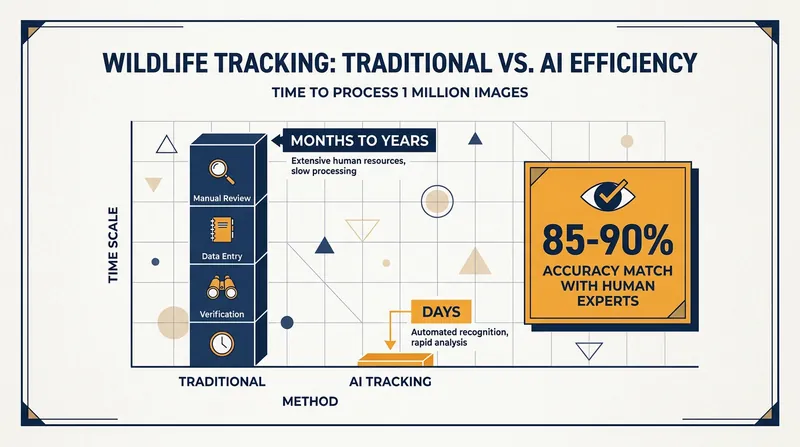 Machine learning models like SpeciesNet reduce data analysis time exponentially while maintaining high accuracy for common species.