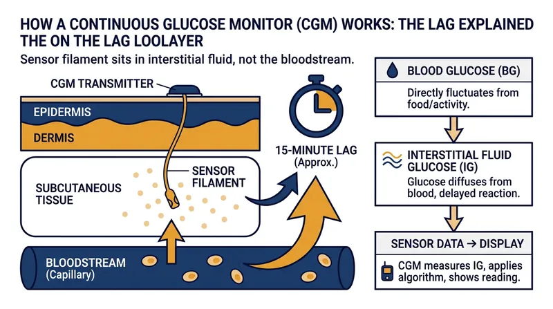 CGMs measure glucose in the interstitial fluid, which typically lags 15 minutes behind actual blood sugar levels.