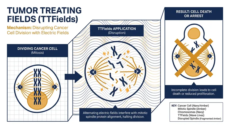 Tumor Treating Fields disrupt the formation of the mitotic spindle, causing cancer cells to undergo programmed cell death.