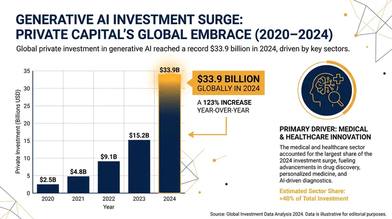 Generative AI, particularly in healthcare and biology, has seen record-breaking private investment.