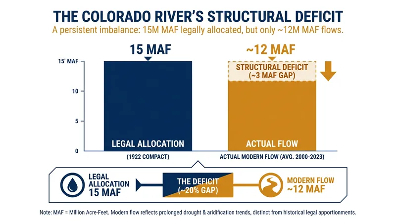 The river's structural deficit: legal allocations far exceed the actual water flowing through the system.