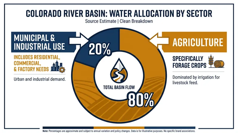 Water allocation by sector highlights the outsized role of agriculture in the basin's hydrology.