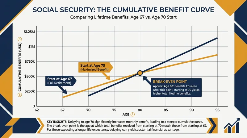 The break-even point—where the total value of delaying to 70 surpasses claiming at 67—typically occurs in a retiree's early 80s.
