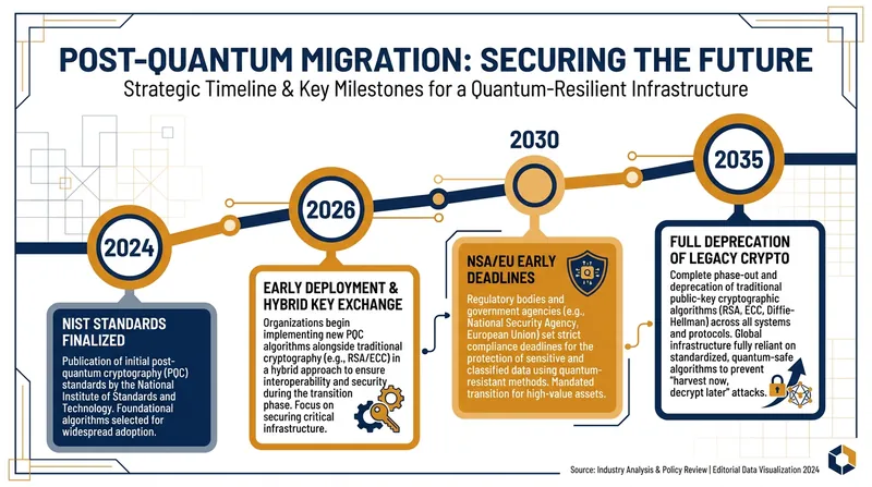 The regulatory and technical timeline for the post-quantum migration.