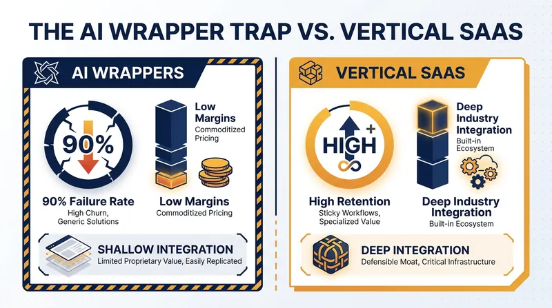 Analysts warn that thin AI wrappers face a 90% failure rate compared to defensible vertical SaaS.