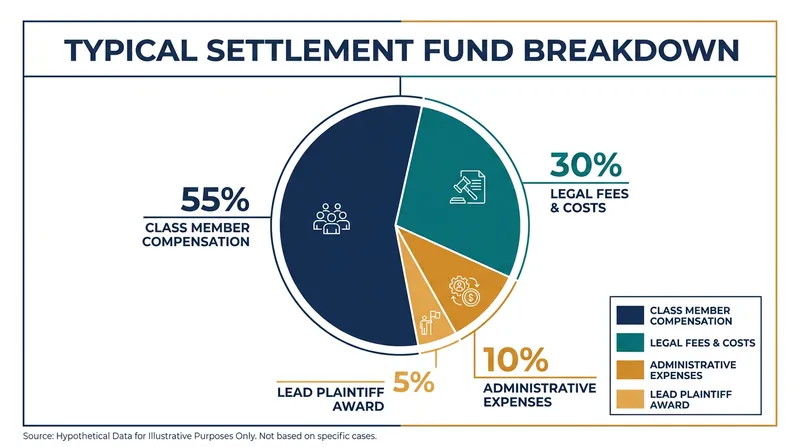 How a global settlement fund is typically divided after court approval.
