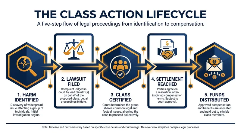 The typical lifecycle of a consumer class action lawsuit from filing to final payout.