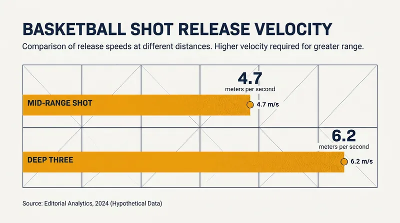 Shooters must significantly increase their release velocity to reach the rim from 30 feet.