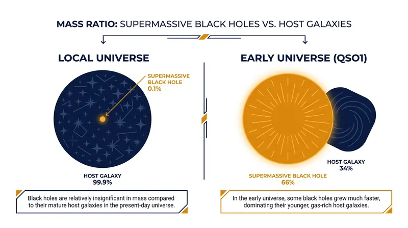 Unlike modern black holes, the black hole in QSO1 makes up the vast majority of its entire system's mass.