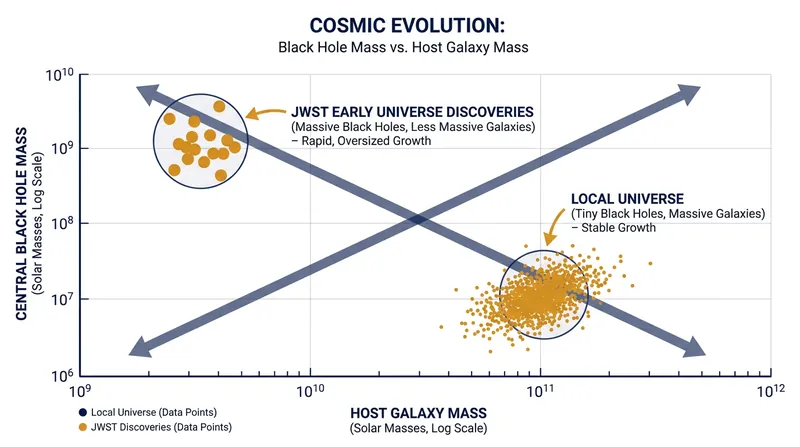 In the early universe, black holes accounted for a much larger percentage of their host galaxy's mass than they do today.