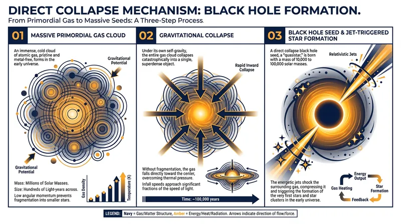 The direct collapse model explains how massive black hole seeds could form without requiring a prior generation of stars.