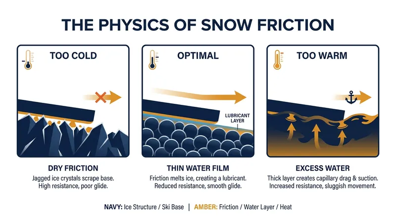 Ski wax must balance dry friction against capillary drag to achieve optimal glide.