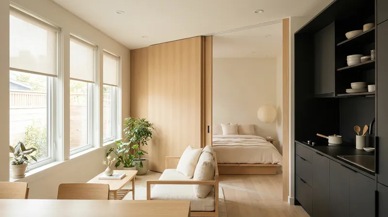 Modern ADU interiors utilize sliding partitions and high ceilings to maximize the utility of compact footprints.