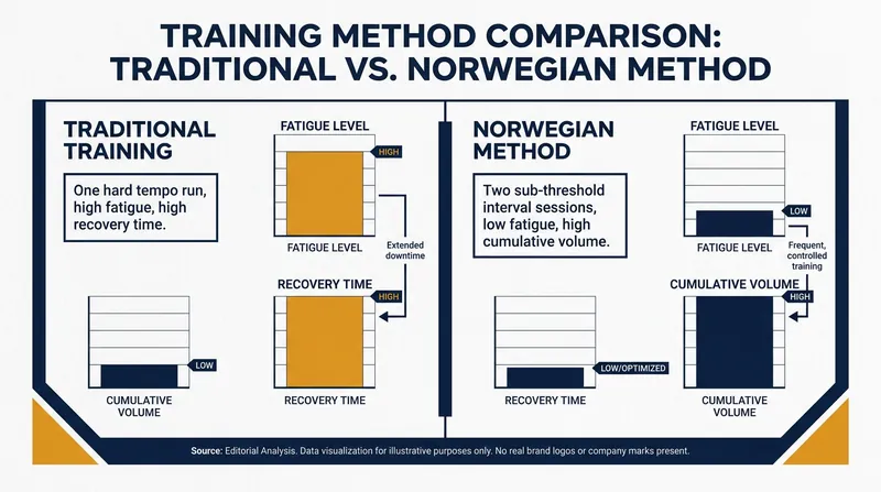 By clustering workouts, the Norwegian Method yields higher total volume with significantly less neuromuscular stress.