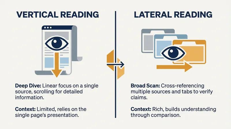 Vertical reading traps you on a single page; lateral reading maps the consensus of the broader web.