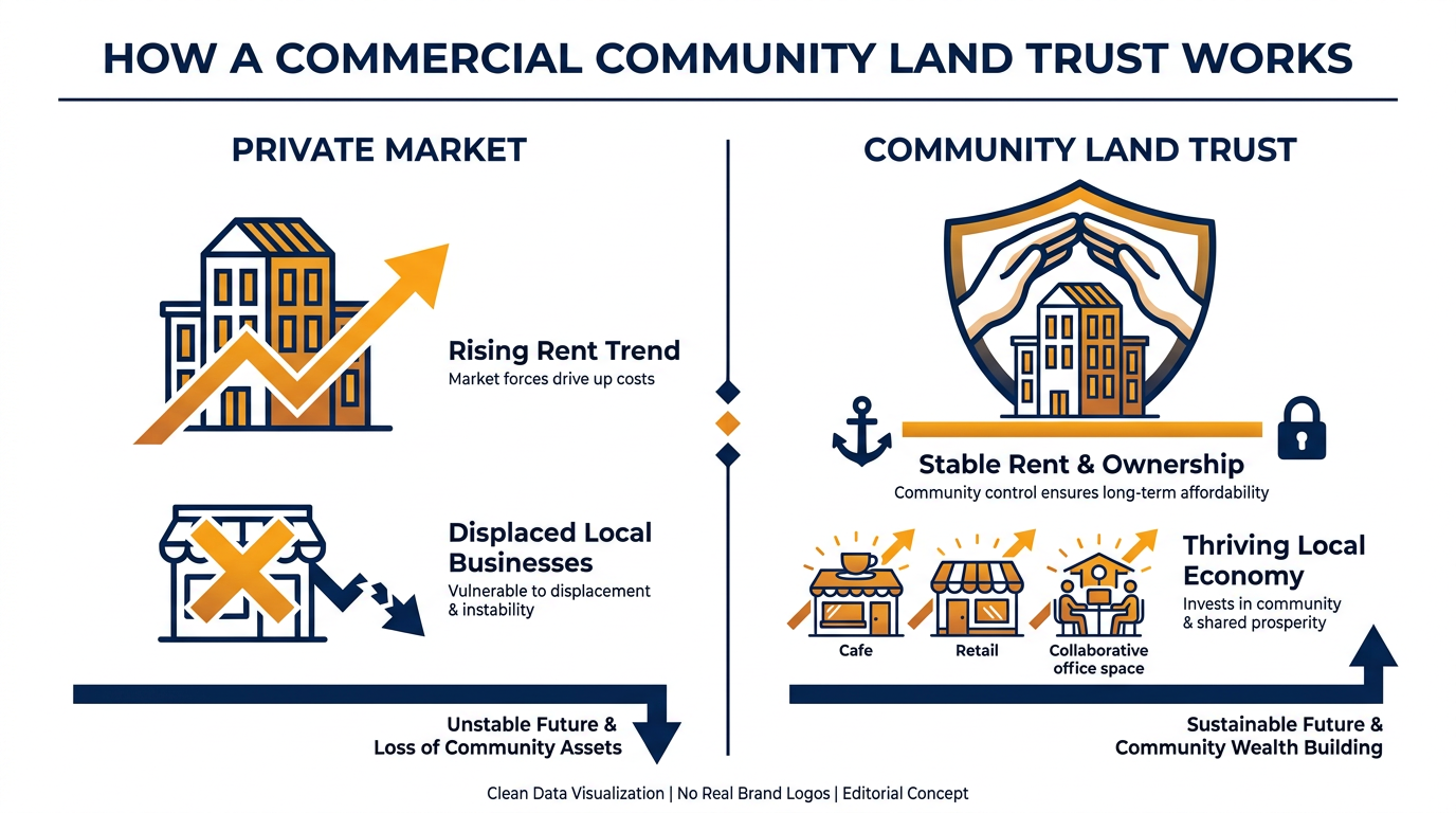 By removing property from the speculative market, CLTs can cap rents and prioritize local enterprises.
