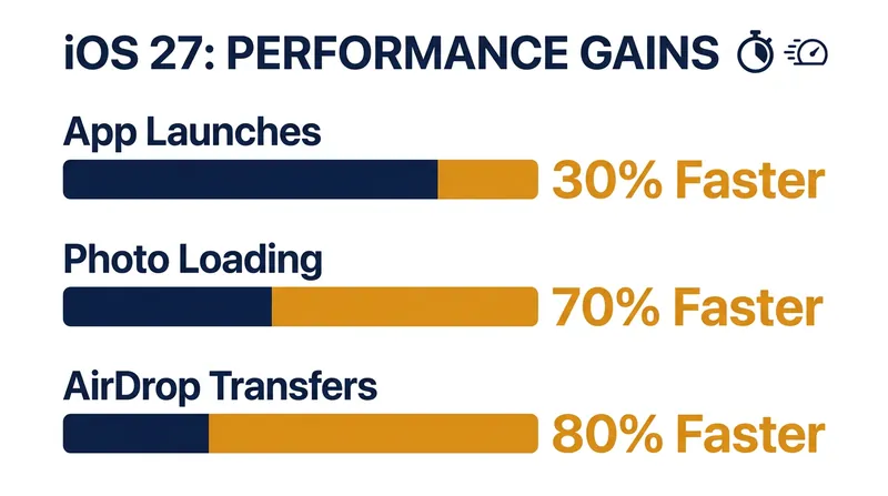 System-level optimizations in iOS 27 deliver significant speed improvements across core tasks.