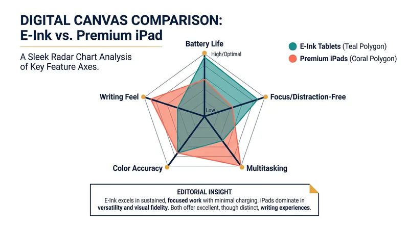 Trade-off analysis: E-ink excels in focus and battery, while the iPad dominates in versatility.